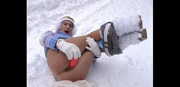  Busty teen Yvonne toy pussy in snow